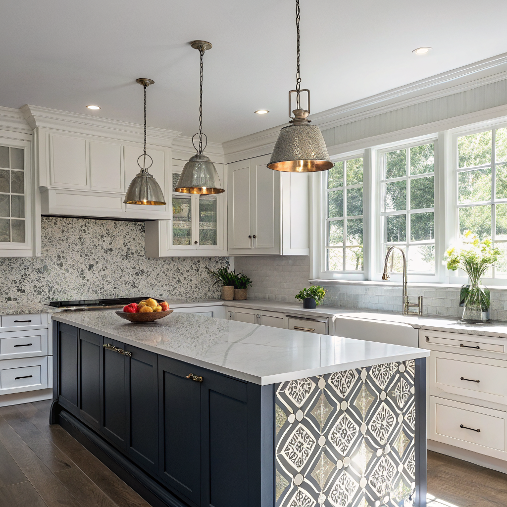 Kitchen with sapphire blue cabinets and marble countertops