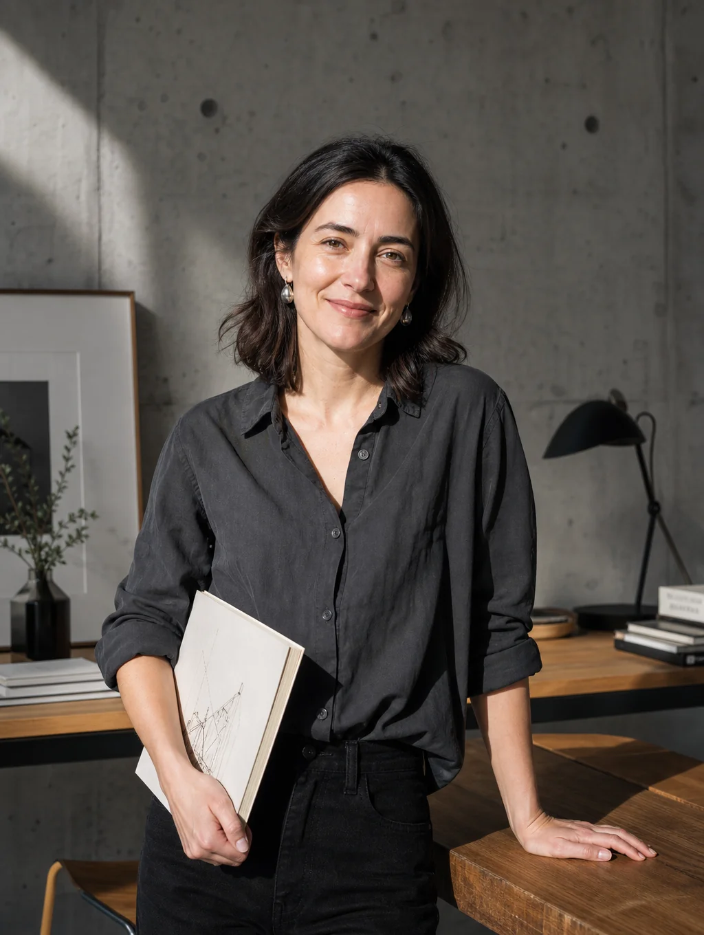 Elena Vance, Lead Designer at VividSpace, portrait in bright studio
