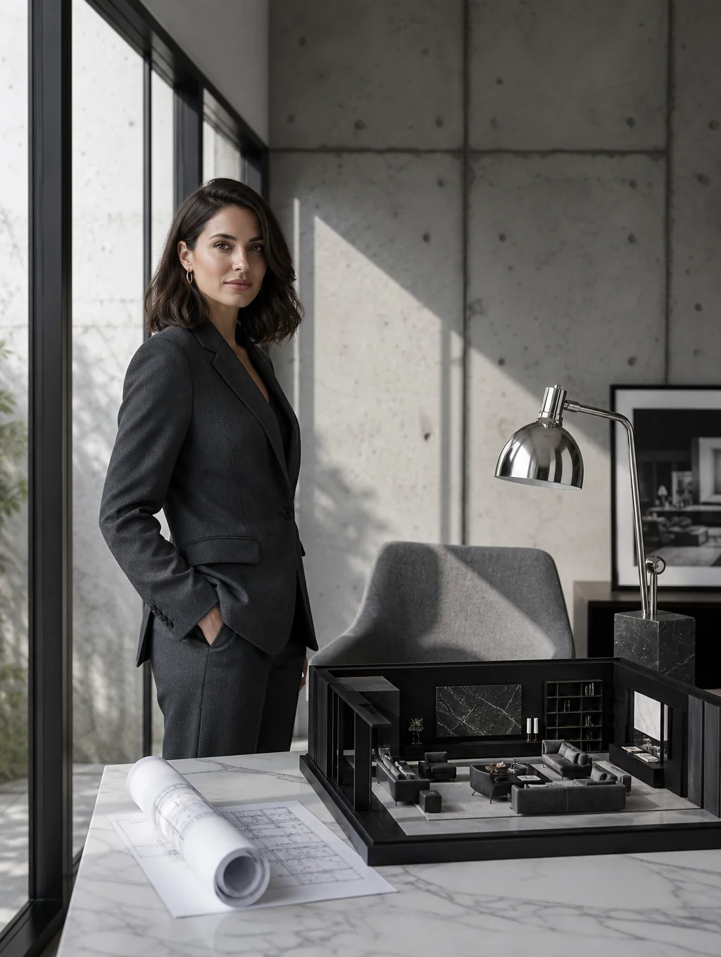 Sarah Chen, Interior Architect at VividSpace, portrait in bright studio