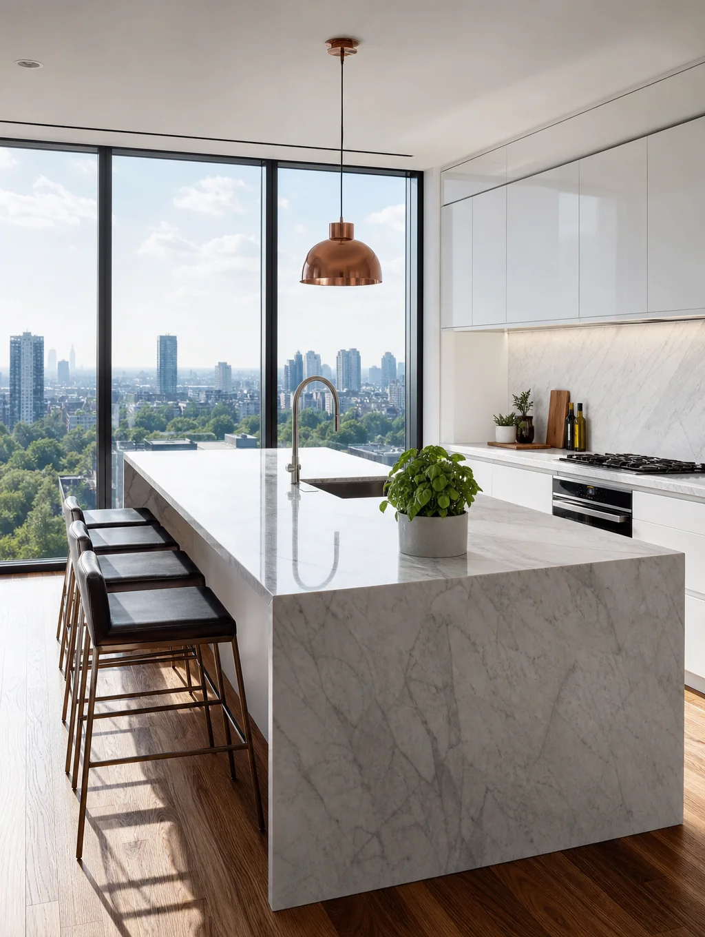 Modern kitchen with emerald green cabinets and marble