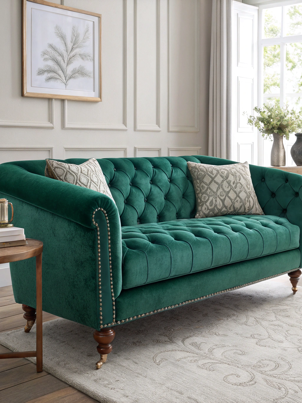 Living room with deep emerald green walls and velvet furniture