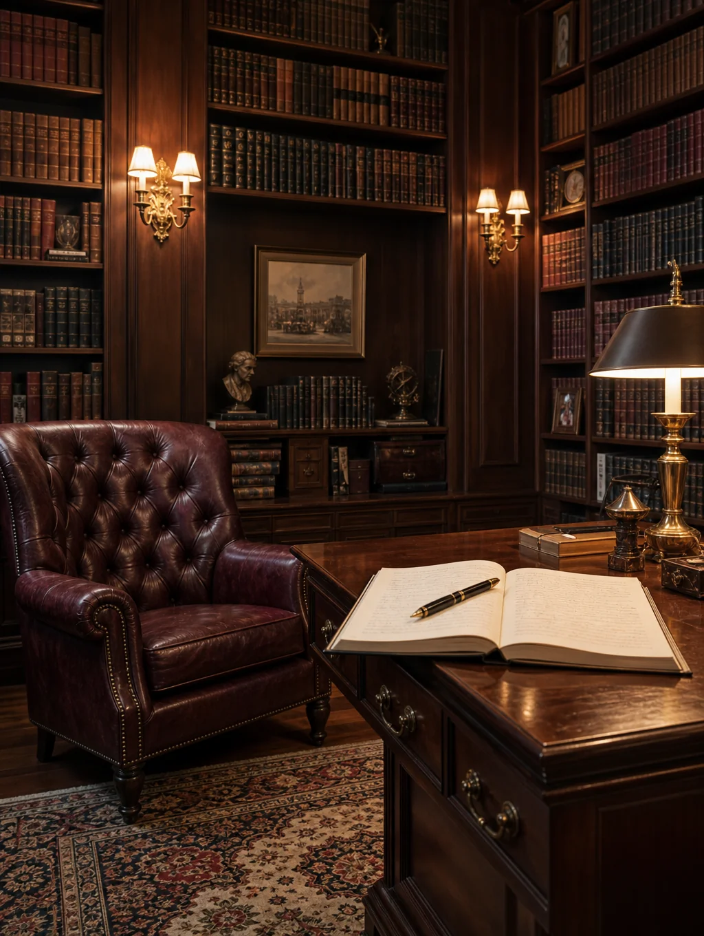 Study room with ruby red lacquer walls and dark wood