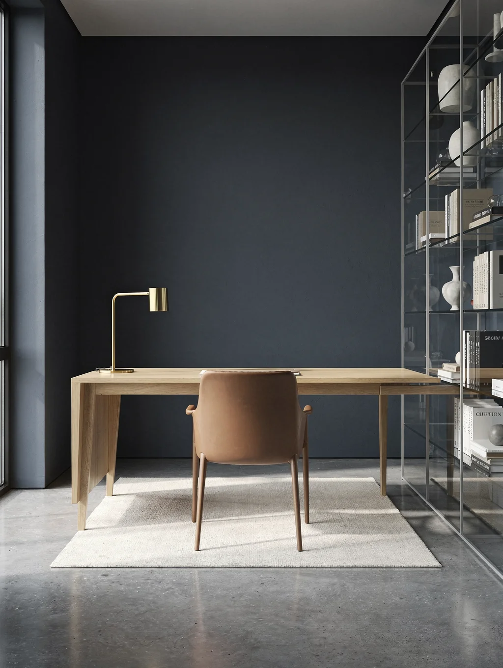 Home study featuring bold ruby red walls and dark wood accents
