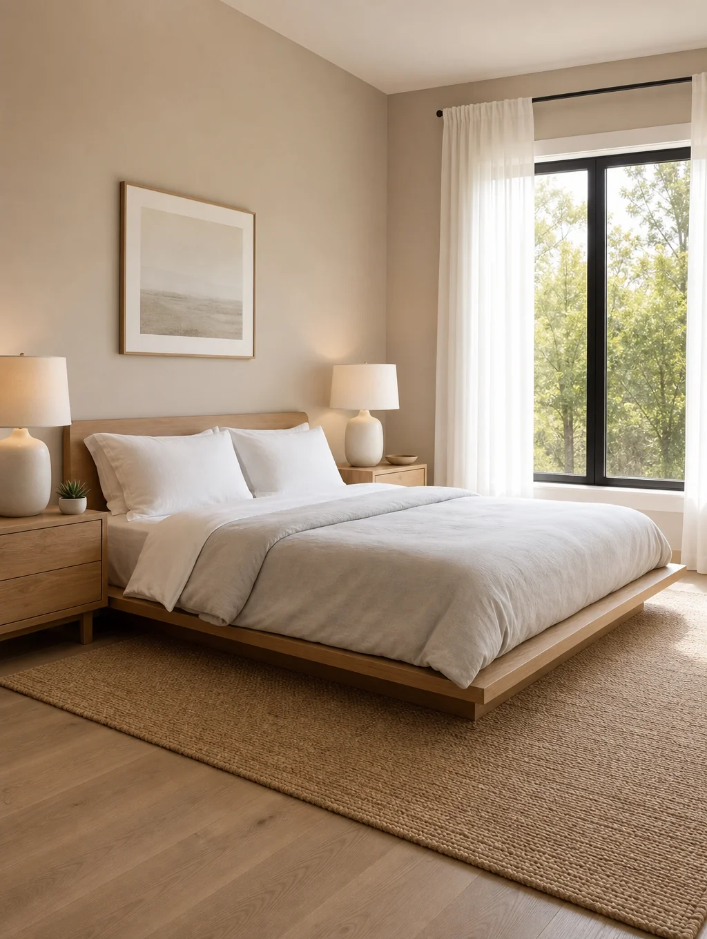 Bedroom with sapphire blue bedding and soft lighting