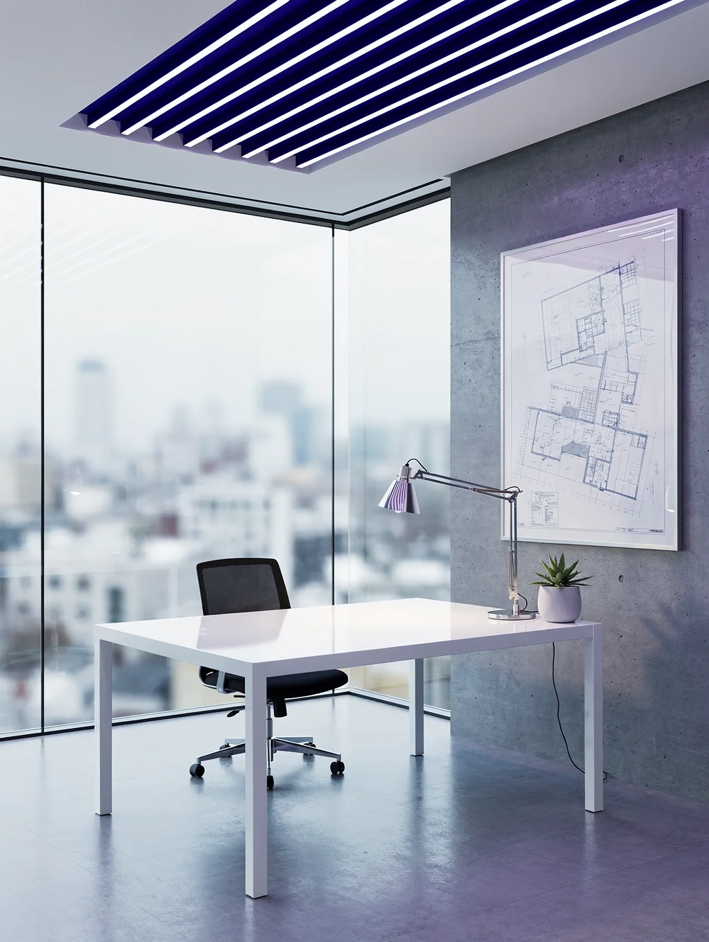Architectural interior design studio featuring bold color blocking and modern furniture