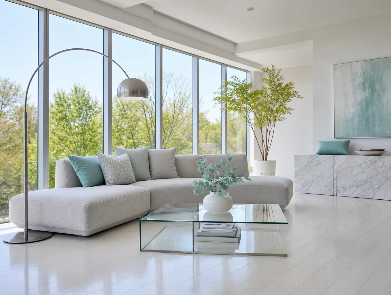 Modern living room featuring bold emerald green walls and sapphire blue velvet furniture, illuminated by natural light
