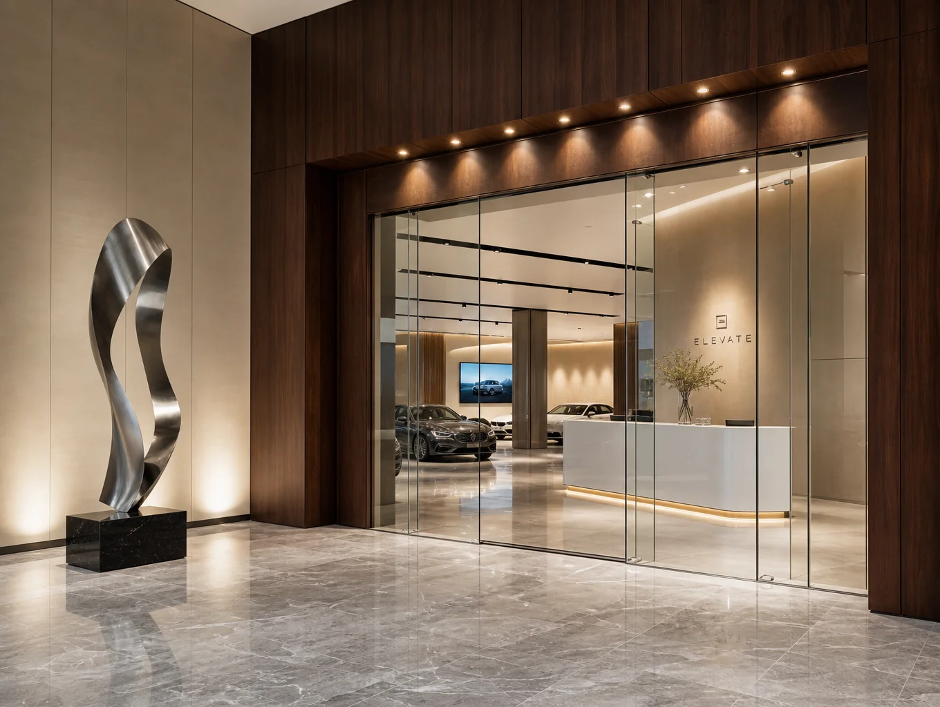 Modern interior design studio entrance with vibrant color accents